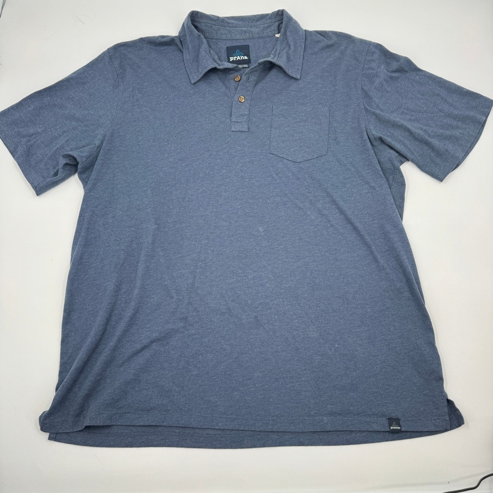 Prana Mens XL Short Sleeve Polo Shirt Heather Blue Chest Pocket Jersey Knit